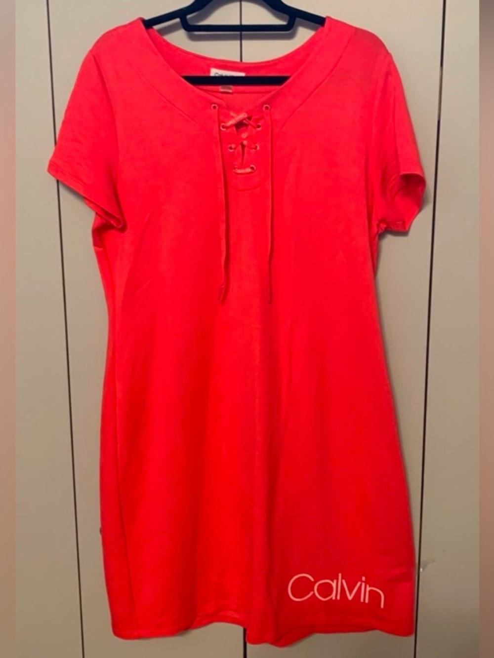 Calvin Klein Casual T-Shirt Dress Lace-Up Neck Designer Athleisure L
